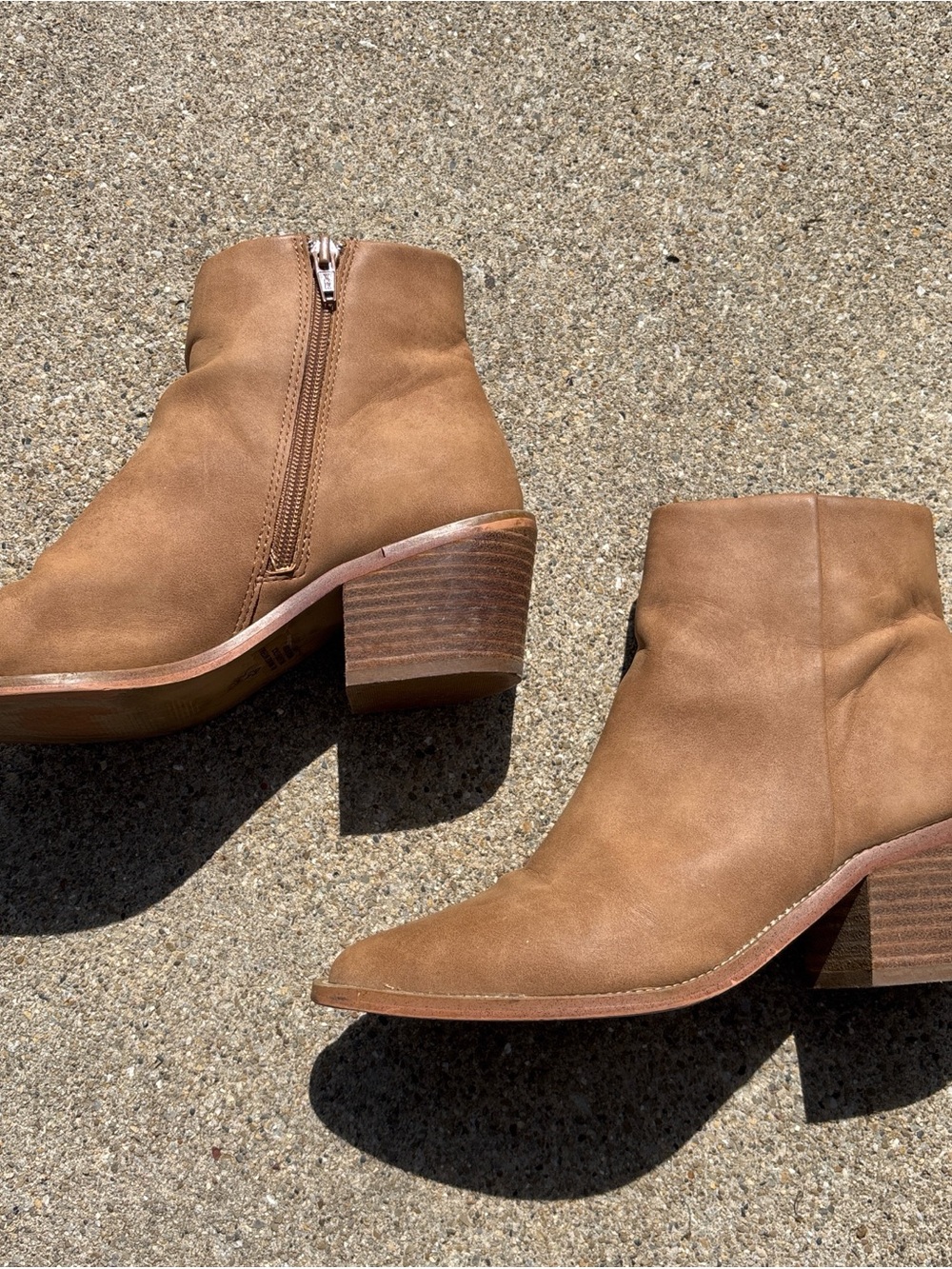 Report Cognac Suede Ankle Booties with Stacked Heel